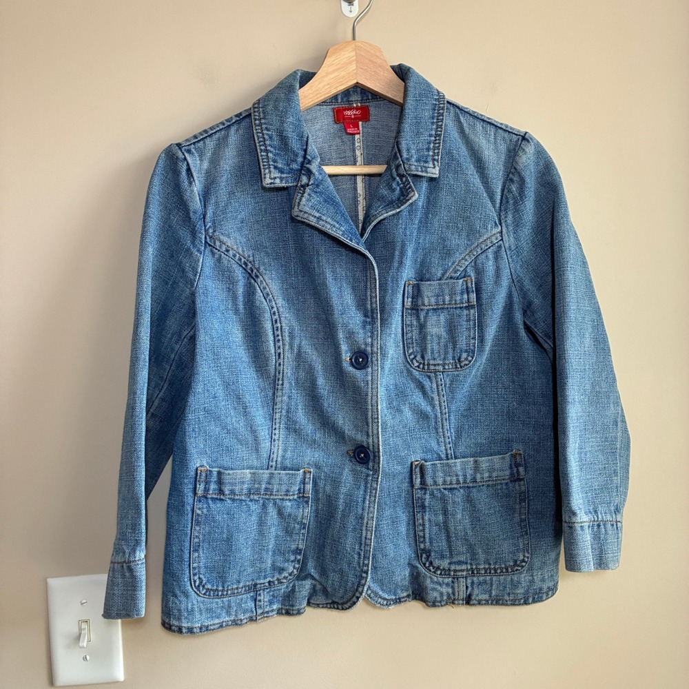 Vintage Massimo Denim Blazer Jacket Large Blue Women 100% Cotton Button Pocket